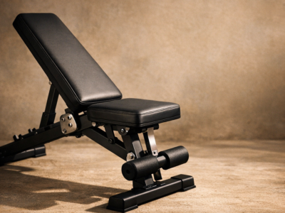 Banc de musculation pliable en perspective sur fond beige texturé