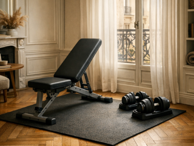 Setup home gym dans un coin de séjour d'appartement parisien haussmannien avec parquet chevron