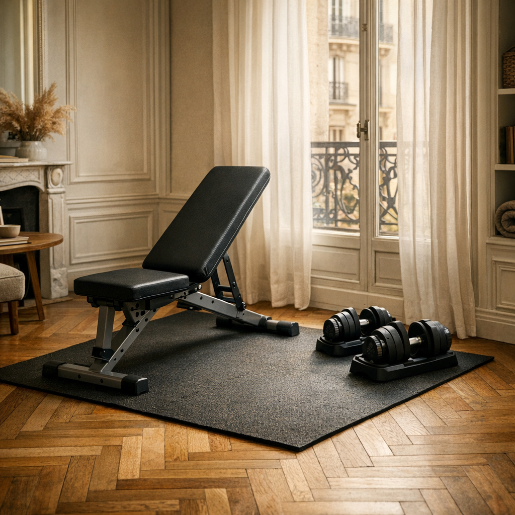 Home gym en appartement haussmannien avec banc devant garde-corps en fer forgé