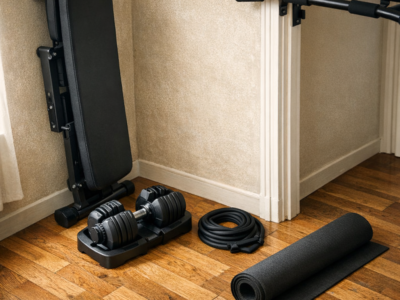 Setup home gym compact dans un coin d'appartement : banc plié vertical, haltères ajustables, élastiques