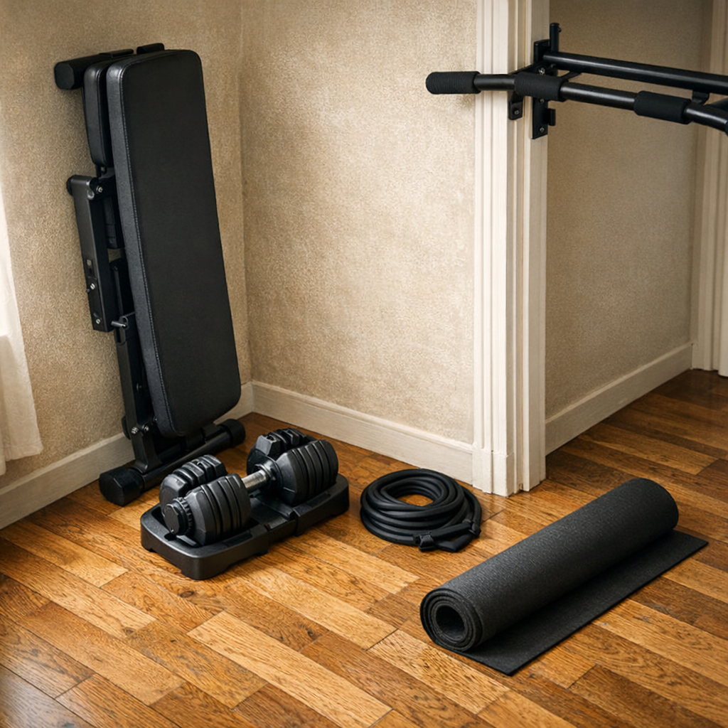 Home gym compact dans un petit appartement avec banc plié, haltères et élastiques