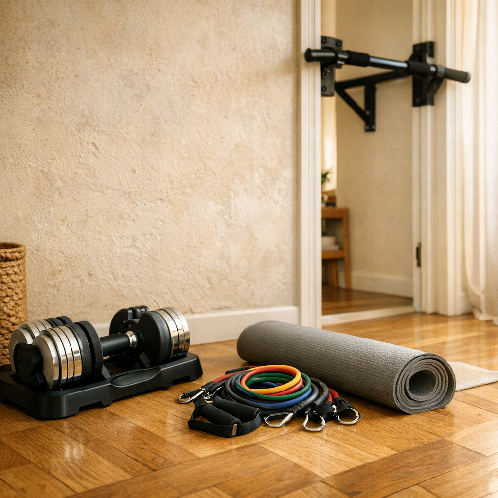 Kit de démarrage musculation maison avec haltères chrome tapis roulé et élastiques colorés