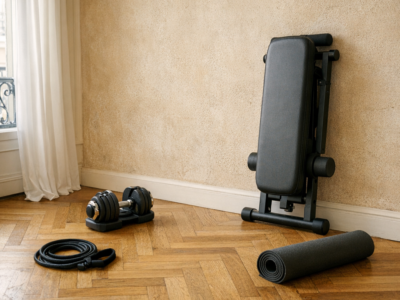 Coin home gym minimaliste dans un appartement lumineux