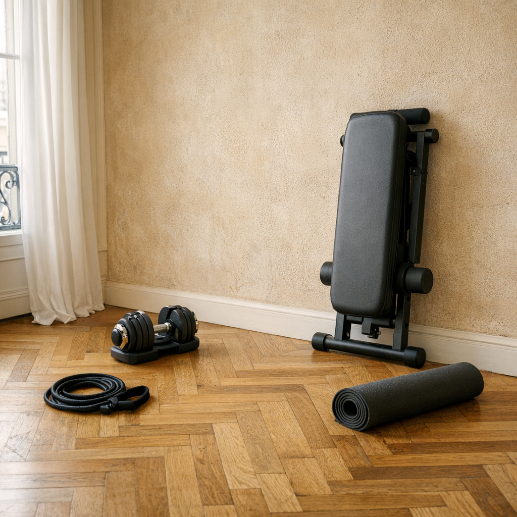 Setup home gym pas cher avec banc et haltères réglables abordables sur parquet
