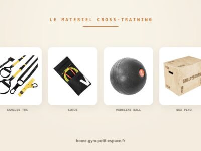 Matériel de cross-training pour petit espace : sangles TRX HOME2, corde à sauter, médecine ball et box plyométrique Gorilla Sports