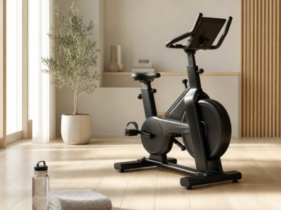 Vélo d'appartement avec mètre ruban et serviette dans un intérieur clair