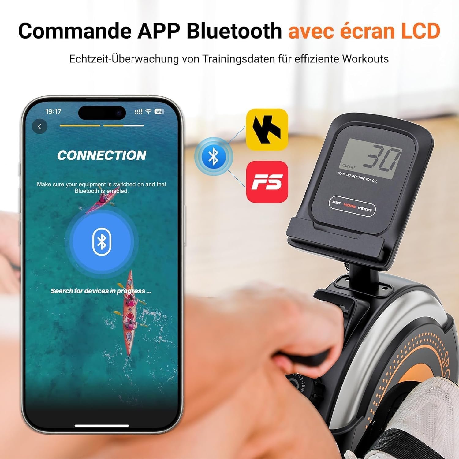 Rameur Dripex écran LCD et application Bluetooth