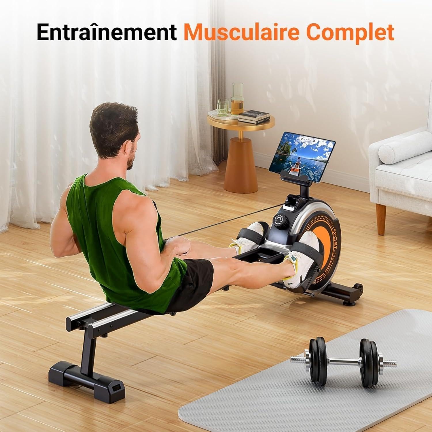 Rameur Dripex en usage, entraînement musculaire complet