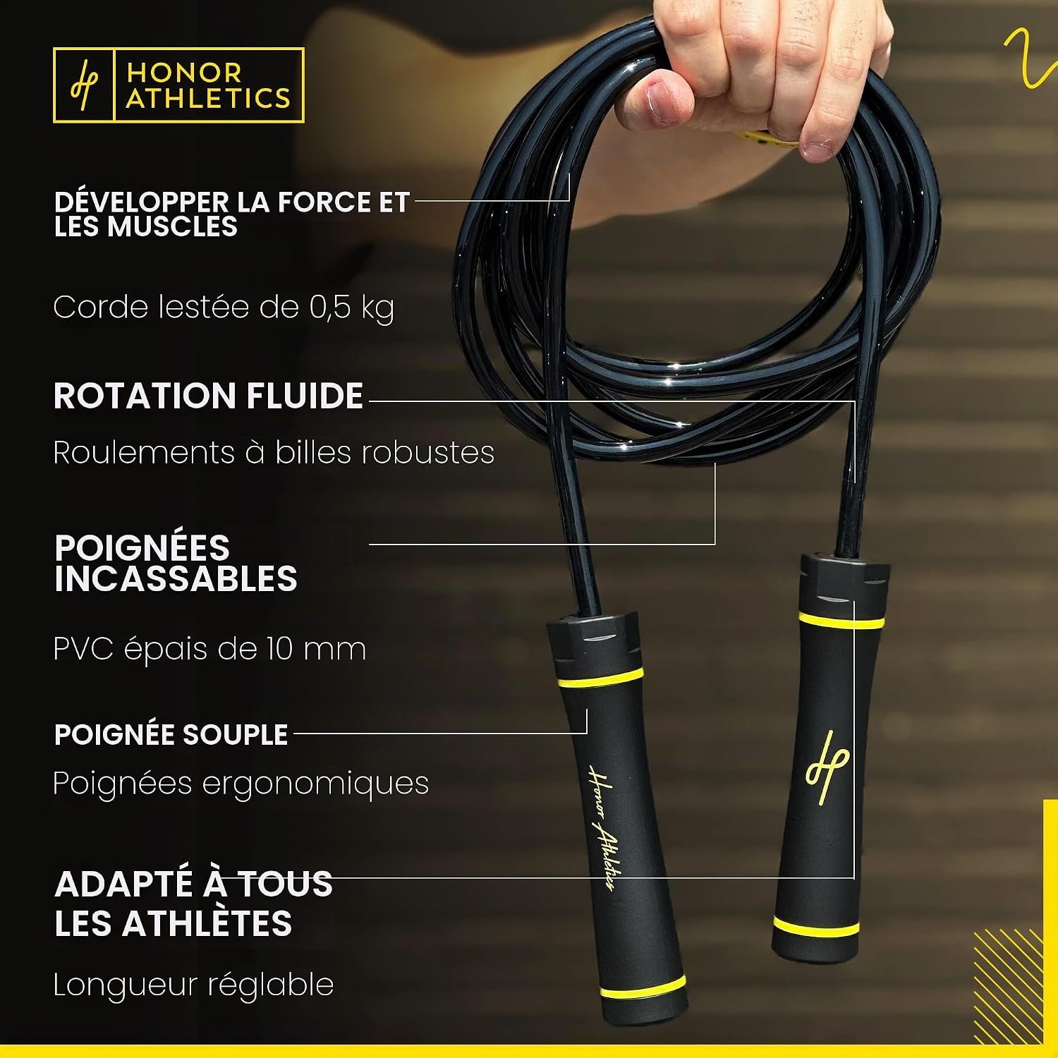 Caractéristiques corde Honor Athletics : lestée 0,5 kg, roulements, PVC 10 mm